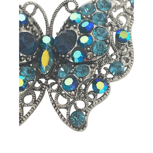 Vintage Fashion Butterfly Brooch Crystal Rhinestones Blue Aqua Teal Silver Tone - Picture 9 of 17